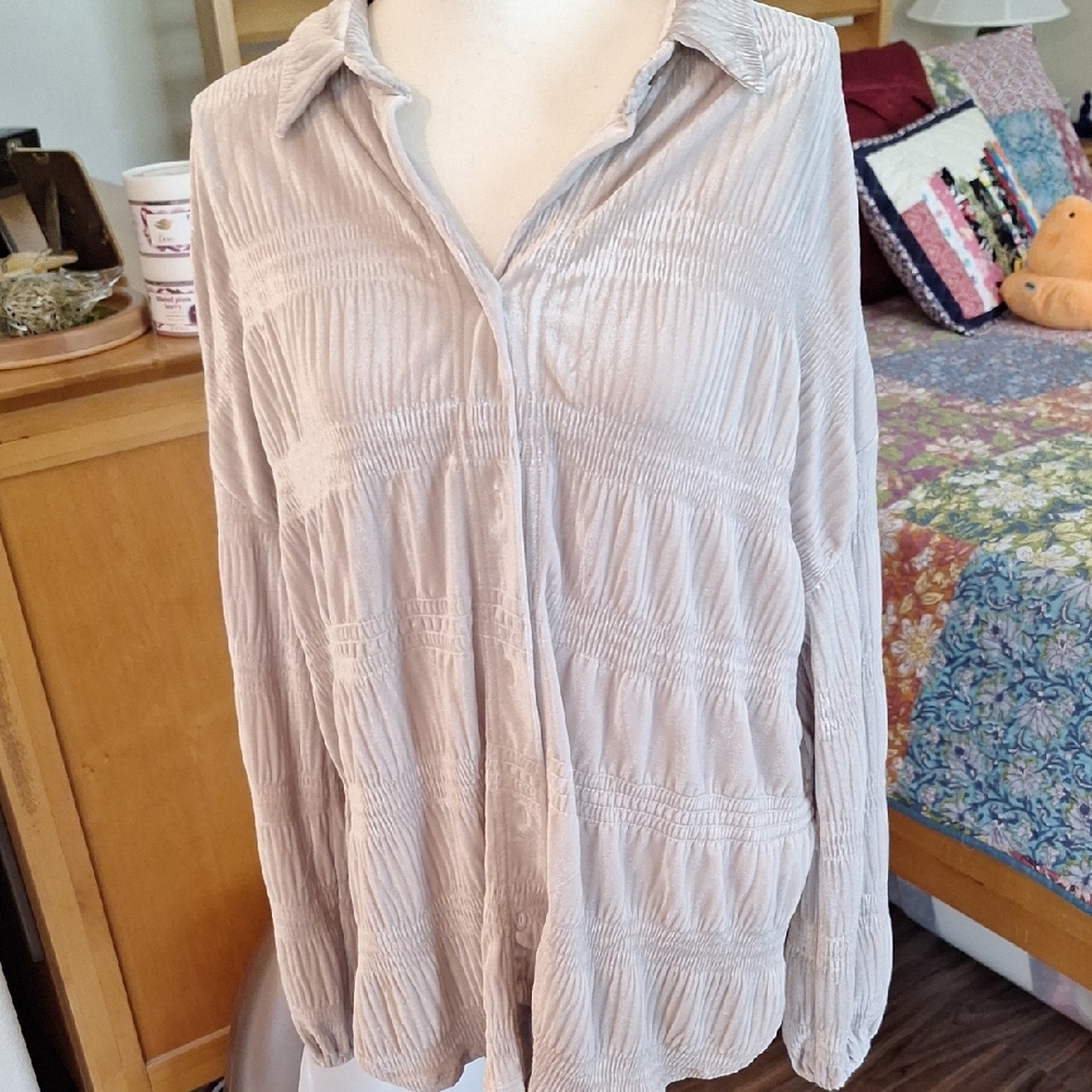 Free People Light Silver Crinkled Button-Front Women's Top